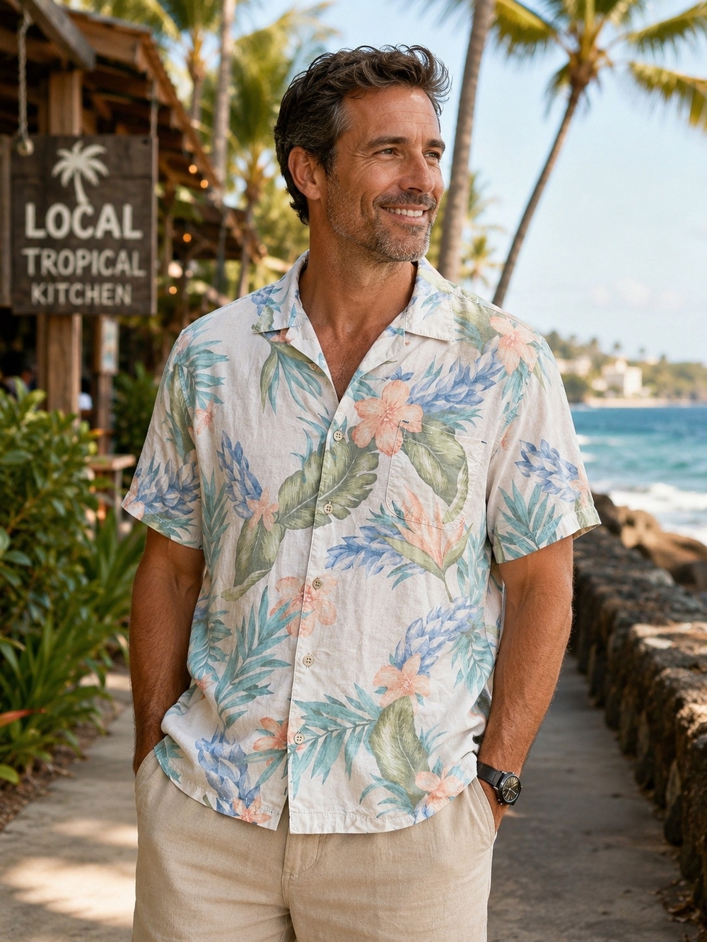 Caribbean Joe Men's M Linen Tropical Floral Short Sleeve Button-Up Shirt